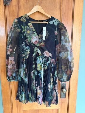 Black Floral Pleated Midi Dress with Sheer Sleeves Anthropologie Size Large